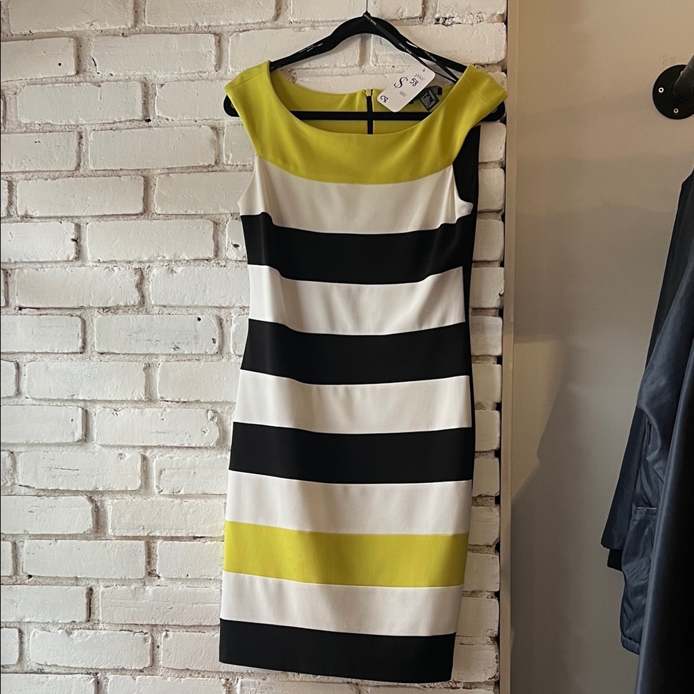 Striped Black, White, and Yellow Dress bandage open neck slinky
